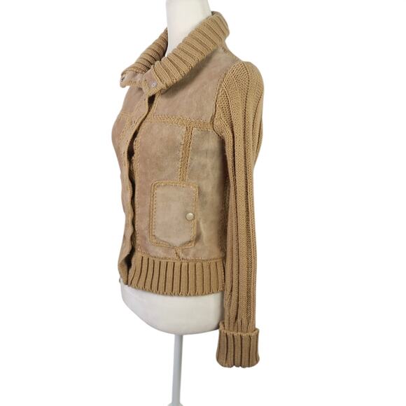Vintage 70s Carol Cohen tan suede leather and knit crochet jacket S - Picture 3 of 6